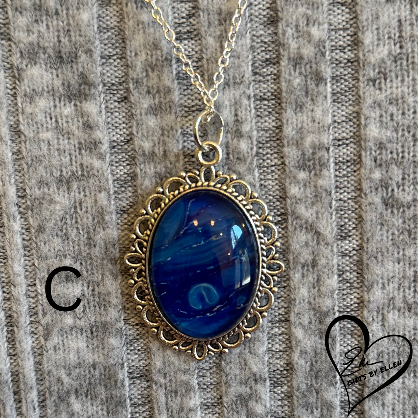 Fluid Art Necklace, Oval Pendant, Glass Cabochon, Azure Dream Collection