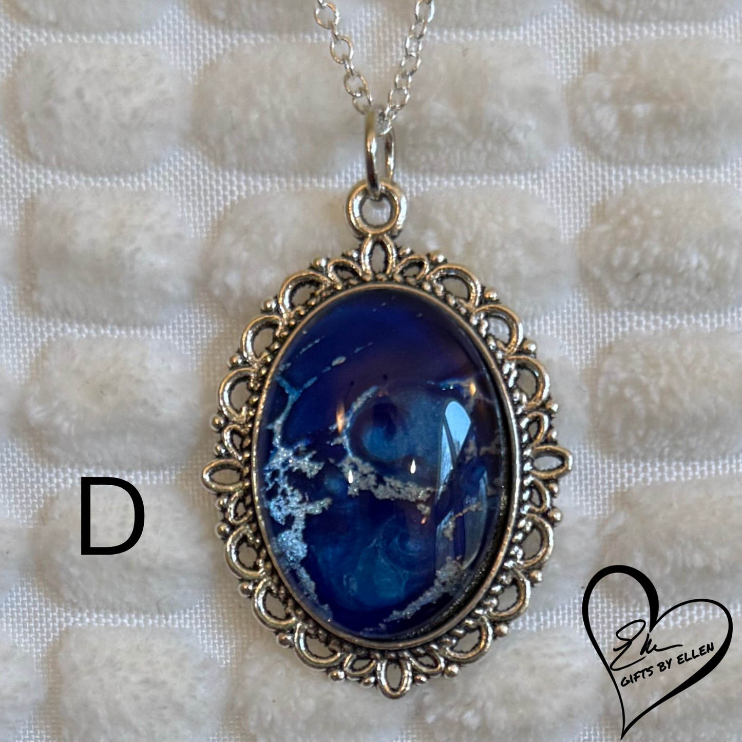 Fluid Art Necklace, Oval Pendant, Glass Cabochon, Azure Dream Collection