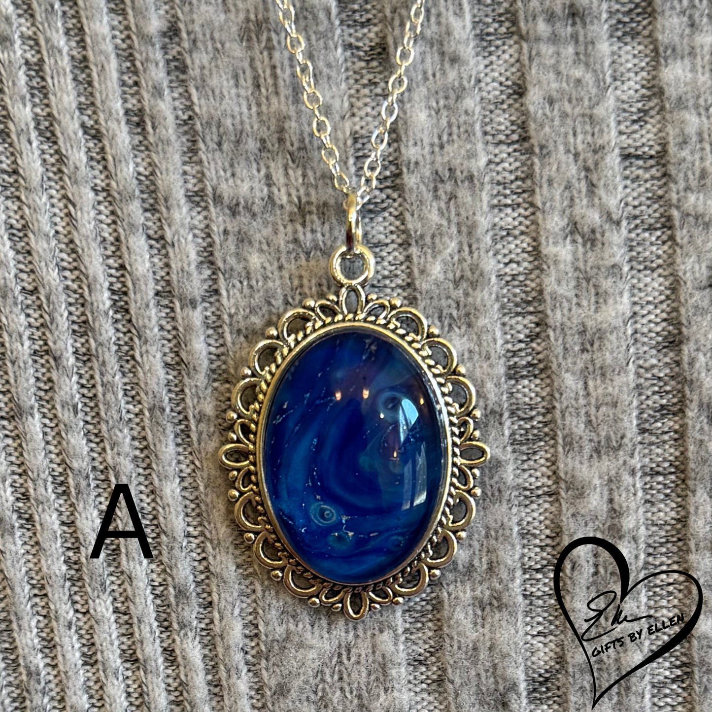 Fluid Art Necklace, Oval Pendant, Glass Cabochon, Azure Dream Collection