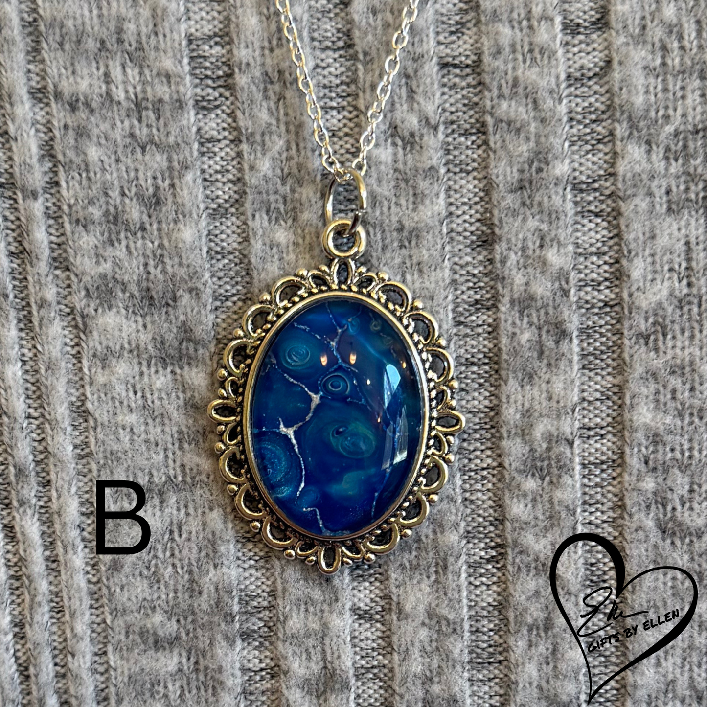 Fluid Art Necklace, Oval Pendant, Glass Cabochon, Azure Dream Collection