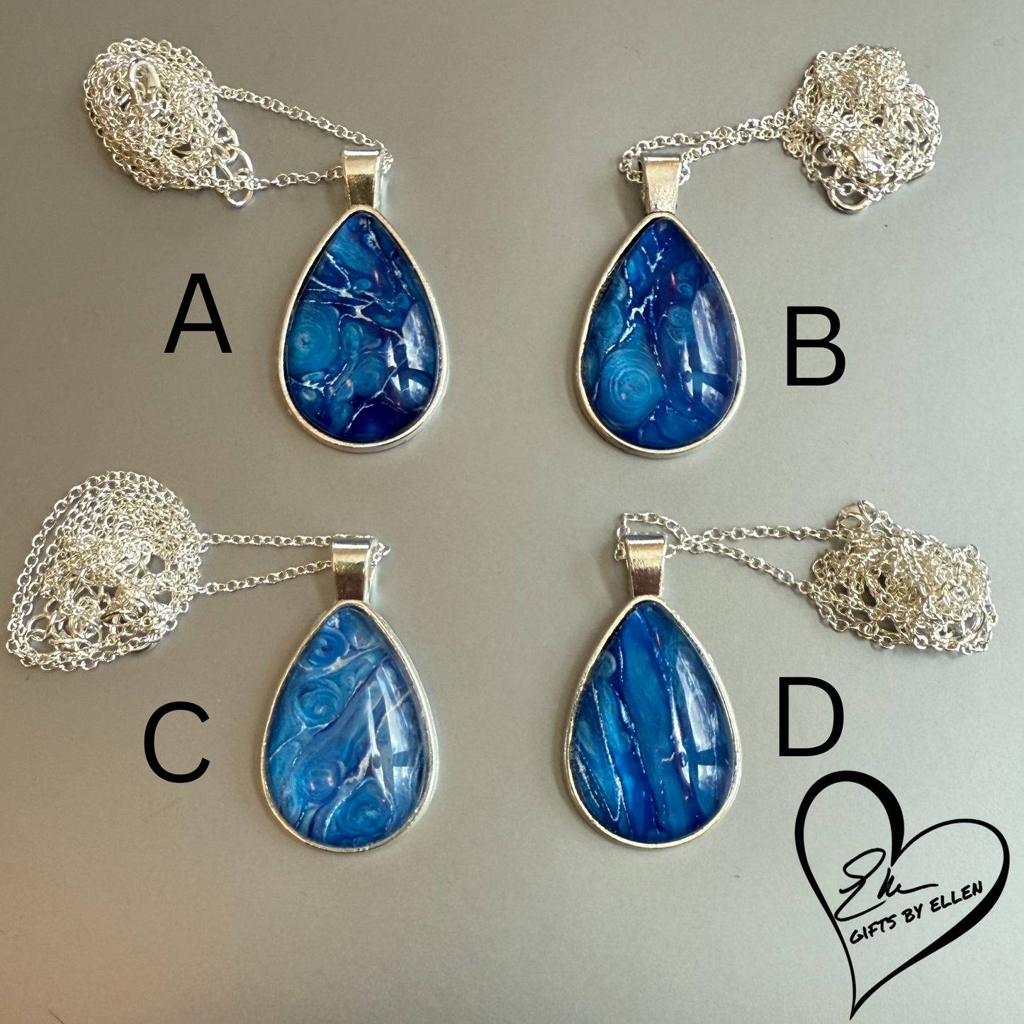 Fluid Art Necklace, Teardrop Pendant, Glass Cabochon, Azure Dream Collection