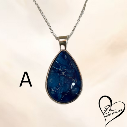 Fluid Art Necklace, Teardrop Pendant, Glass Cabochon, Azure Dream Collection