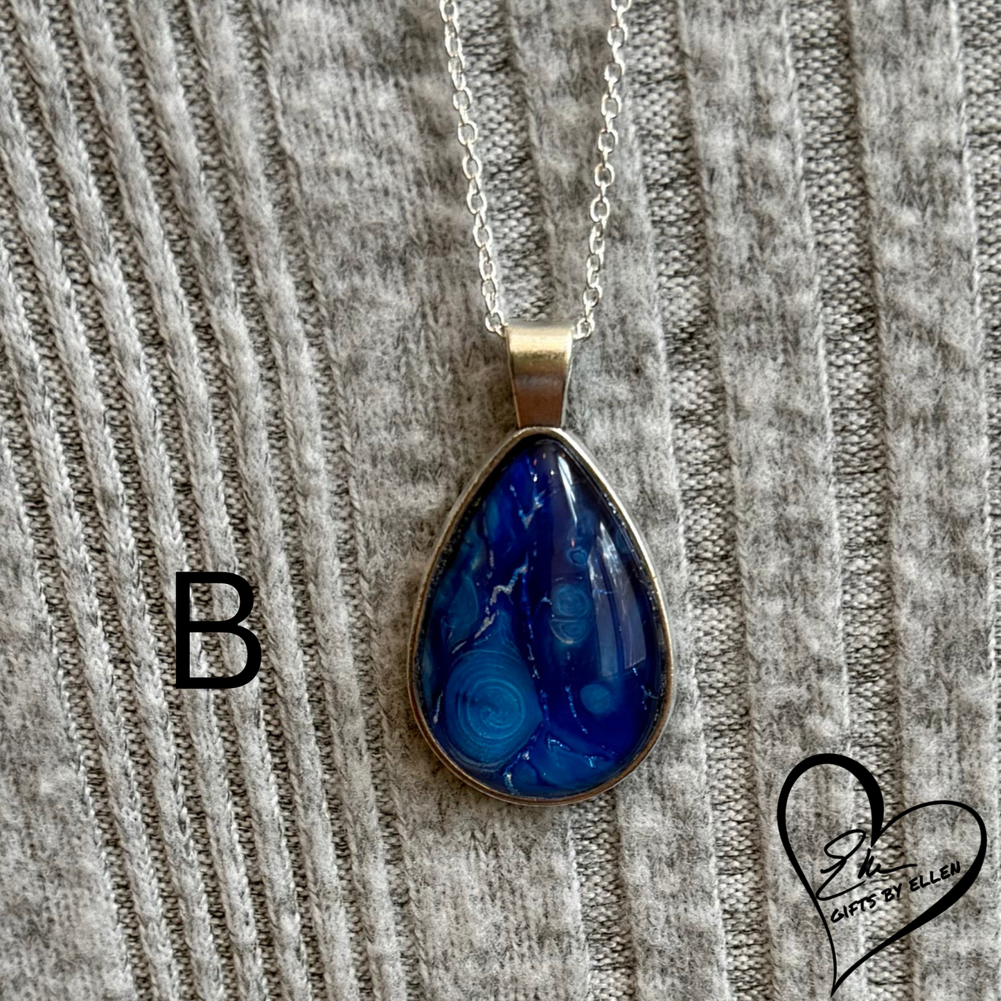 Fluid Art Necklace, Teardrop Pendant, Glass Cabochon, Azure Dream Collection