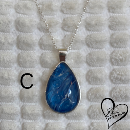 Fluid Art Necklace, Teardrop Pendant, Glass Cabochon, Azure Dream Collection