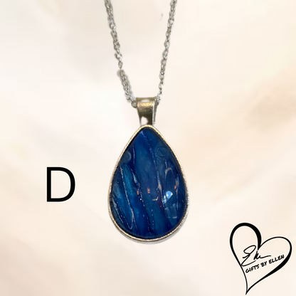 Fluid Art Necklace, Teardrop Pendant, Glass Cabochon, Azure Dream Collection