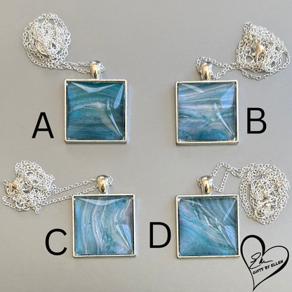 Fluid Art Necklace, Square Pendant, Glass Cabochon, Day at the Beach Collection