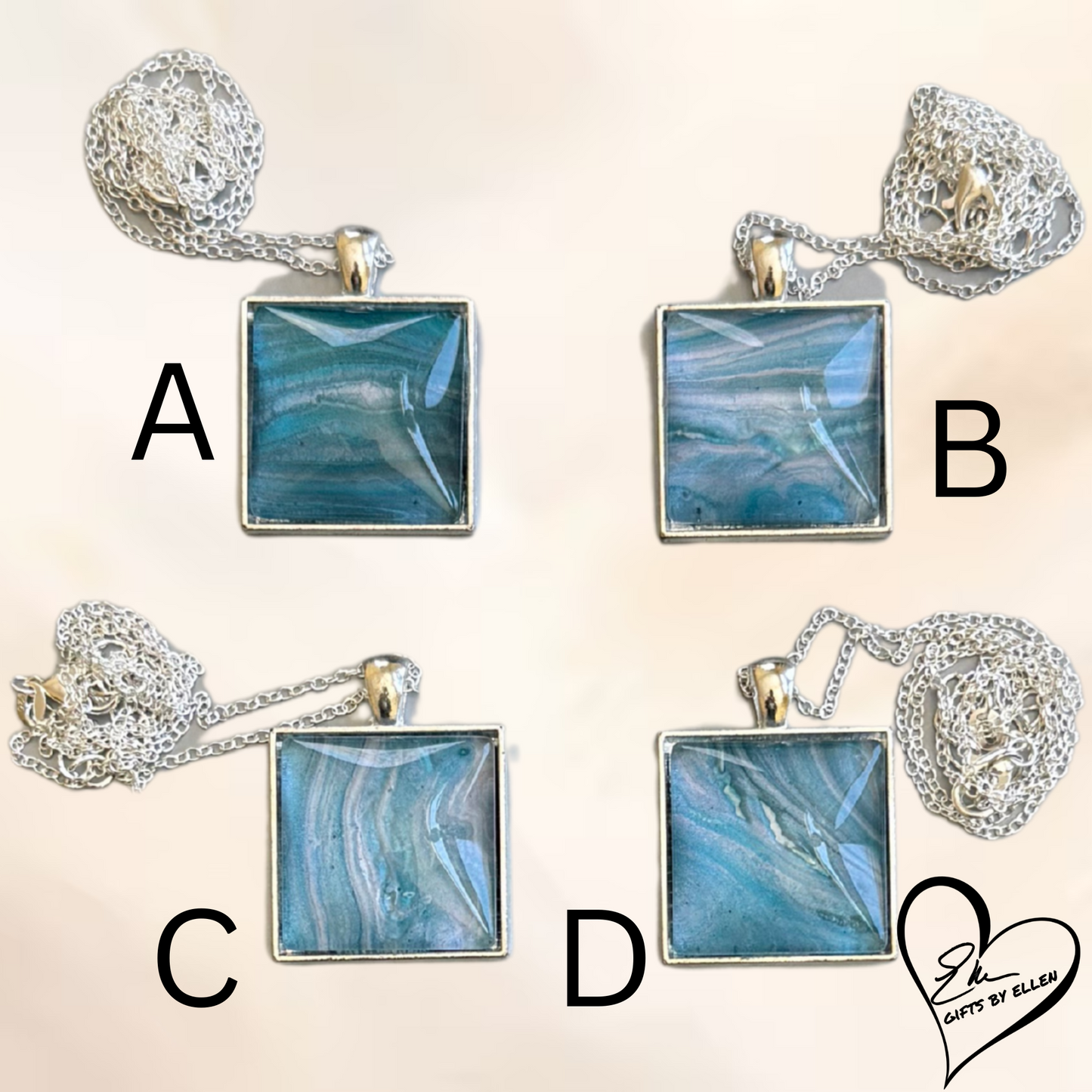 Fluid Art Necklace, Square Pendant, Glass Cabochon, Day at the Beach Collection