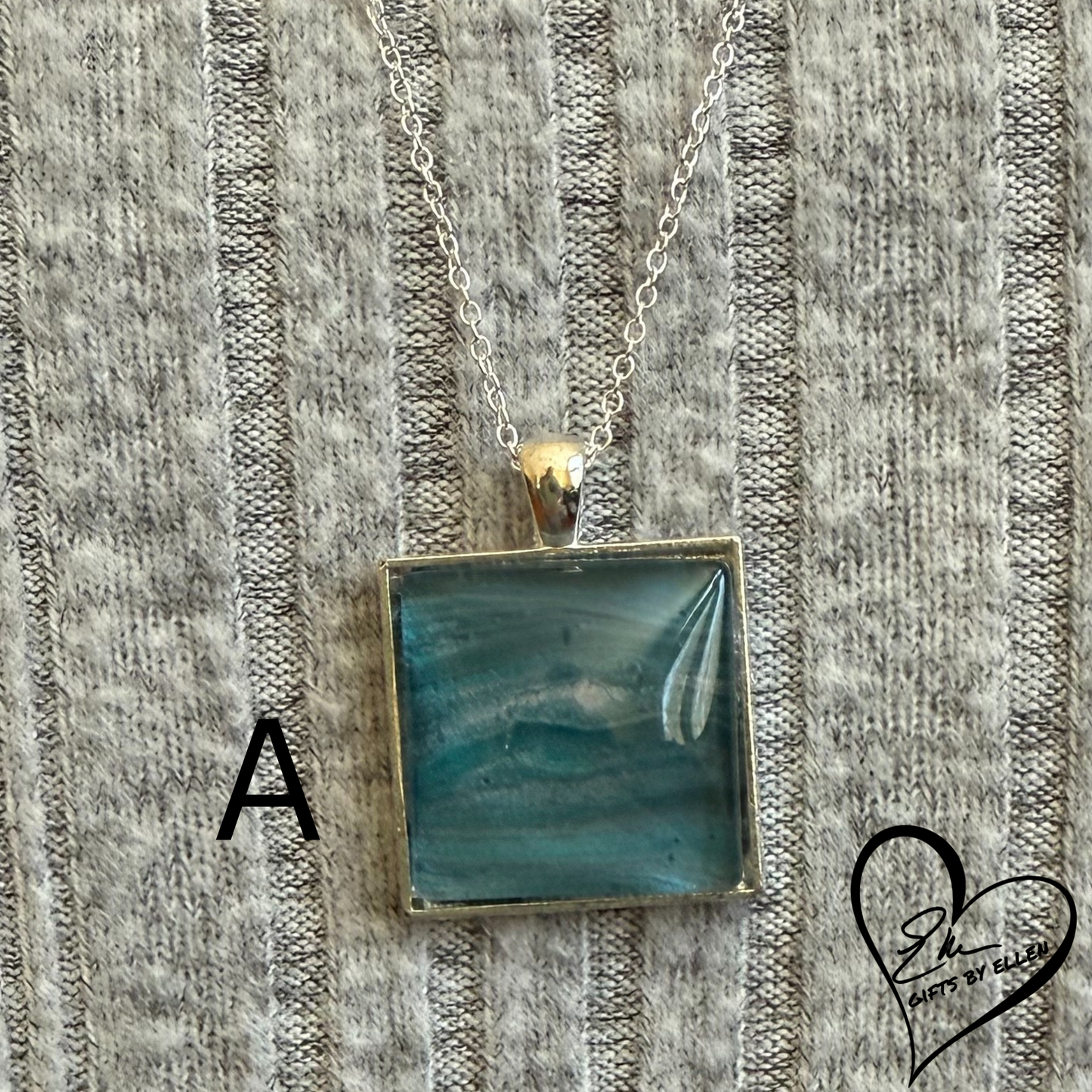 Fluid Art Necklace, Square Pendant, Glass Cabochon, Day at the Beach Collection