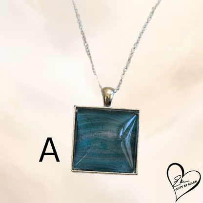 Fluid Art Necklace, Square Pendant, Glass Cabochon, Day at the Beach Collection