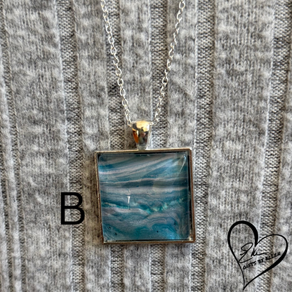 Fluid Art Necklace, Square Pendant, Glass Cabochon, Day at the Beach Collection