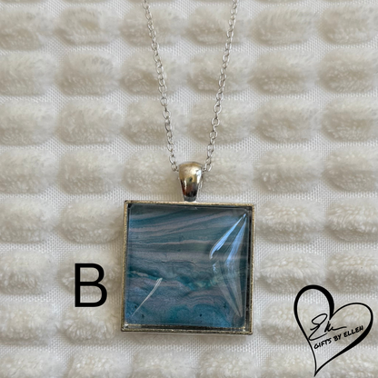 Fluid Art Necklace, Square Pendant, Glass Cabochon, Day at the Beach Collection