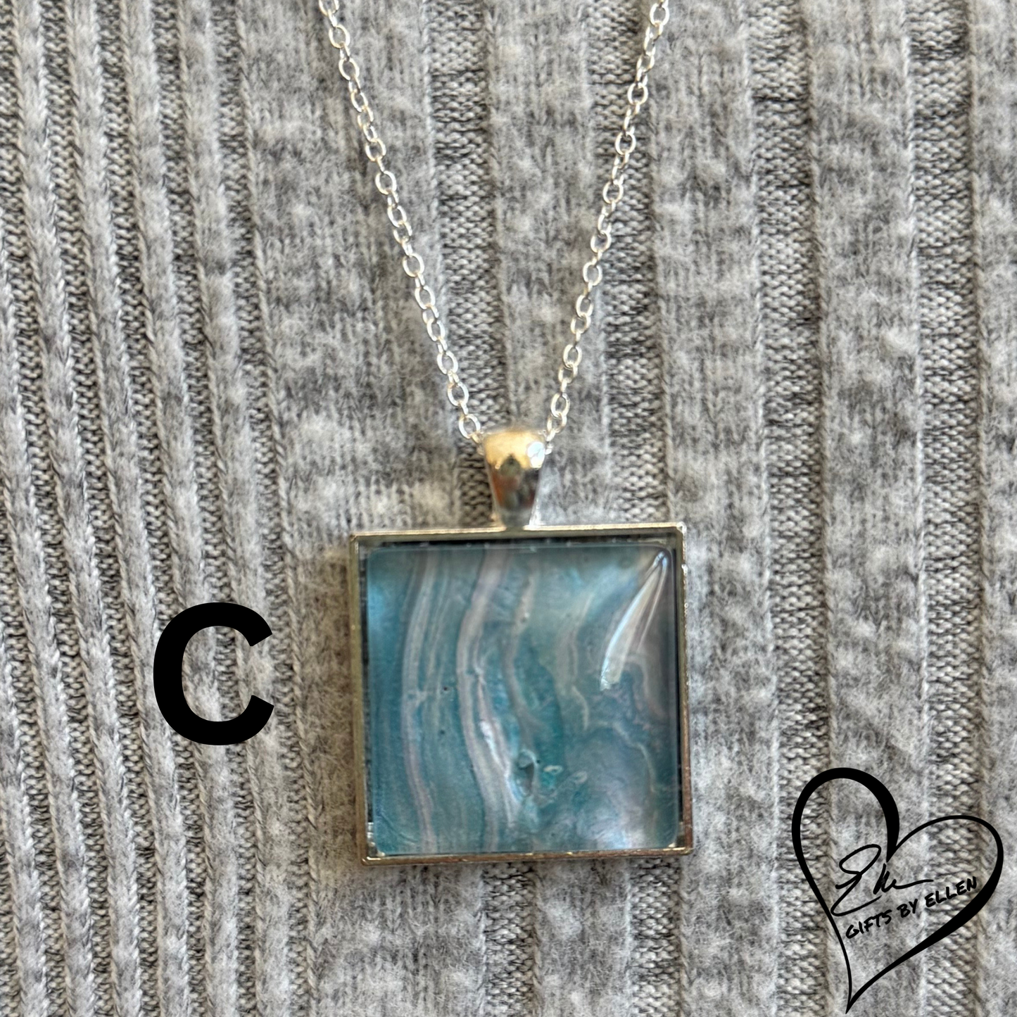 Fluid Art Necklace, Square Pendant, Glass Cabochon, Day at the Beach Collection