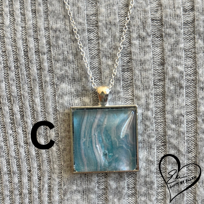 Fluid Art Necklace, Square Pendant, Glass Cabochon, Day at the Beach Collection