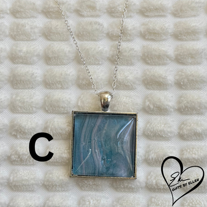 Fluid Art Necklace, Square Pendant, Glass Cabochon, Day at the Beach Collection