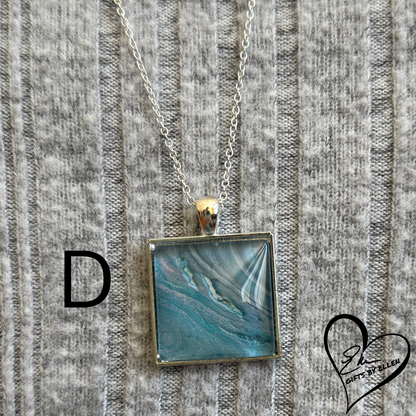 Fluid Art Necklace, Square Pendant, Glass Cabochon, Day at the Beach Collection