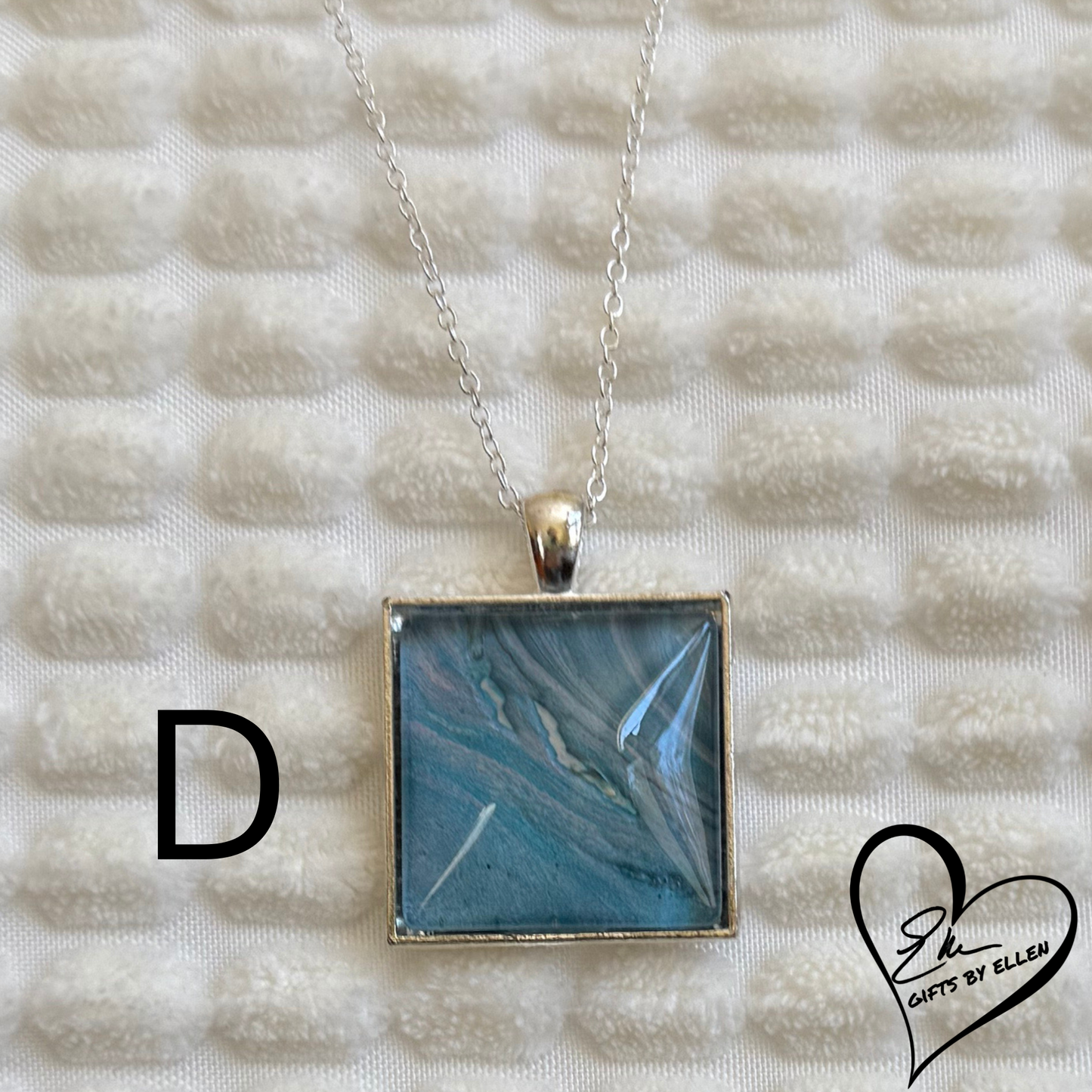 Fluid Art Necklace, Square Pendant, Glass Cabochon, Day at the Beach Collection