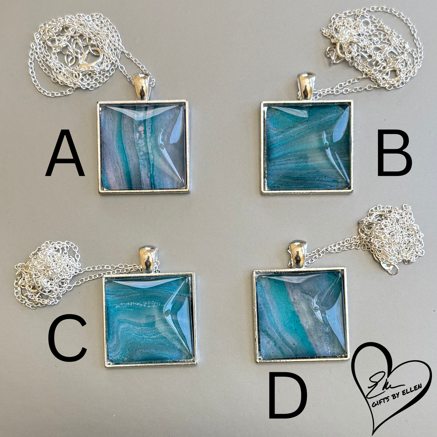 Fluid Art Necklace, Acrylic Pour Pendant, Square Glass Cabochon, Day at the Beach Collection