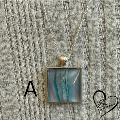 Fluid Art Necklace, Acrylic Pour Pendant, Square Glass Cabochon, Day at the Beach Collection