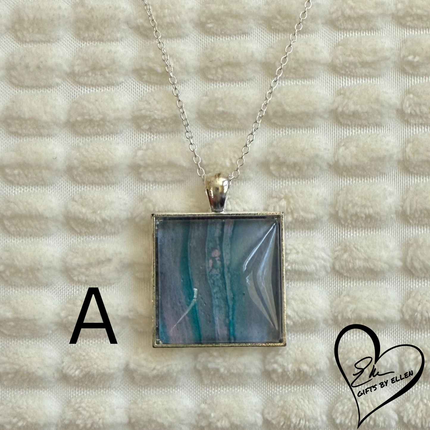 Fluid Art Necklace, Acrylic Pour Pendant, Square Glass Cabochon, Day at the Beach Collection