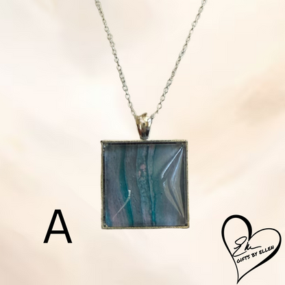 Fluid Art Necklace, Acrylic Pour Pendant, Square Glass Cabochon, Day at the Beach Collection