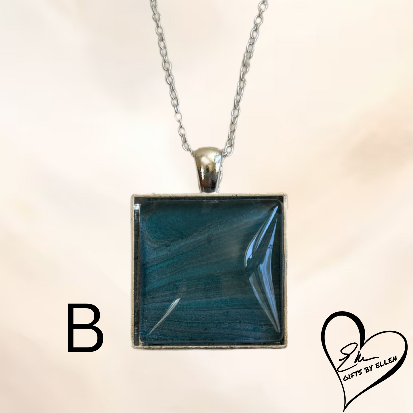 Fluid Art Necklace, Acrylic Pour Pendant, Square Glass Cabochon, Day at the Beach Collection