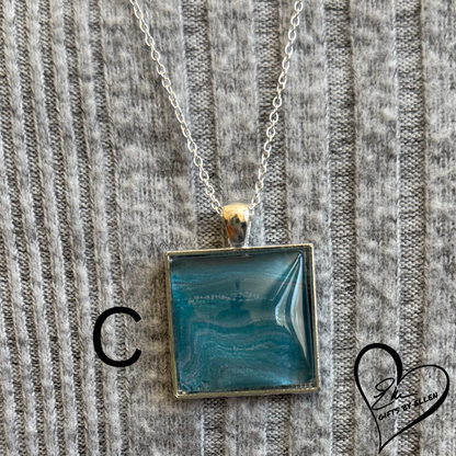 Fluid Art Necklace, Acrylic Pour Pendant, Square Glass Cabochon, Day at the Beach Collection