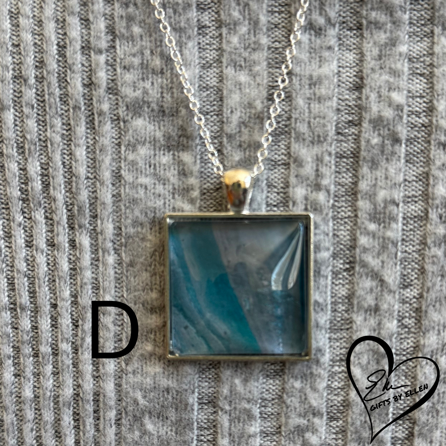 Fluid Art Necklace, Acrylic Pour Pendant, Square Glass Cabochon, Day at the Beach Collection