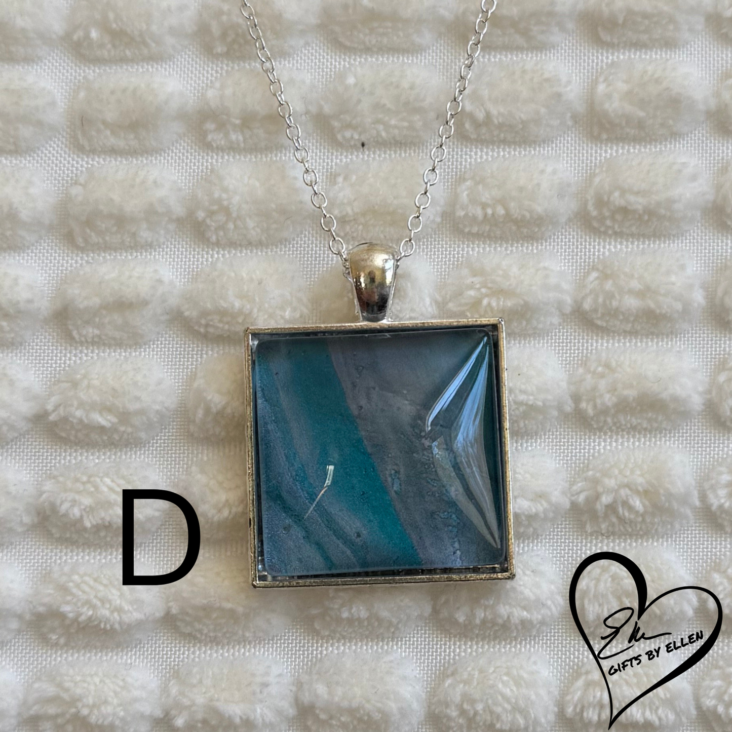 Fluid Art Necklace, Acrylic Pour Pendant, Square Glass Cabochon, Day at the Beach Collection