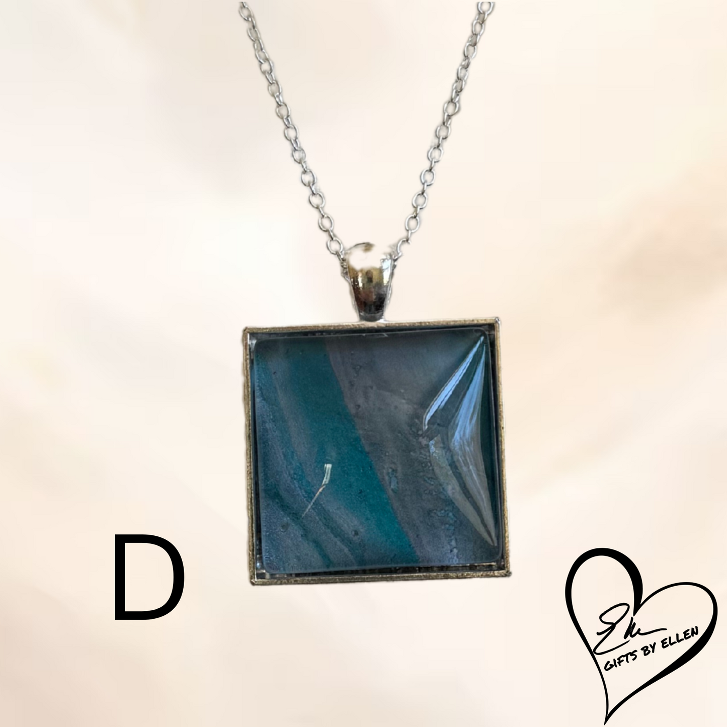 Fluid Art Necklace, Acrylic Pour Pendant, Square Glass Cabochon, Day at the Beach Collection