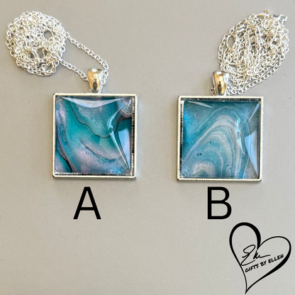 Fluid Art Necklace, Square Pendant, Glass Cabochon, Day at the Beach Collection