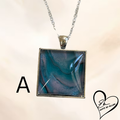 Fluid Art Necklace, Square Pendant, Glass Cabochon, Day at the Beach Collection