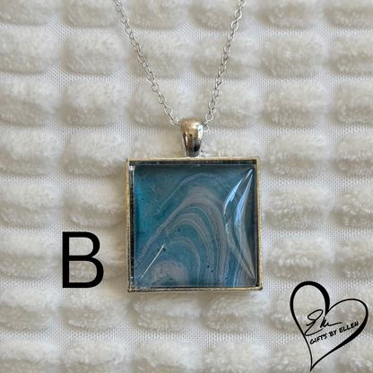 Fluid Art Necklace, Square Pendant, Glass Cabochon, Day at the Beach Collection