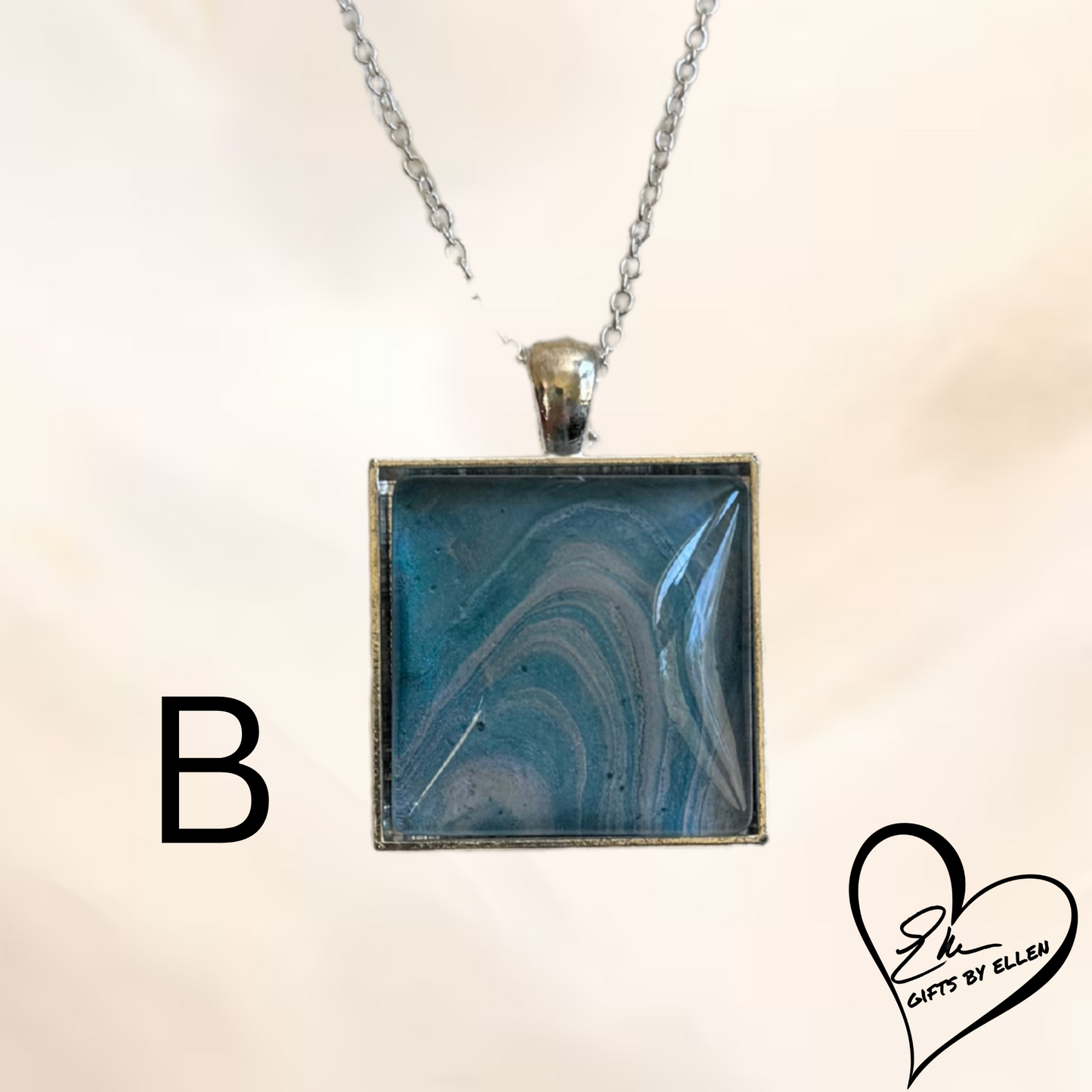 Fluid Art Necklace, Square Pendant, Glass Cabochon, Day at the Beach Collection