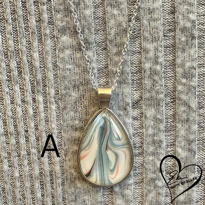 Fluid Art Necklace, Teardrop Pendant, Glass Cabochon, Ice Collection