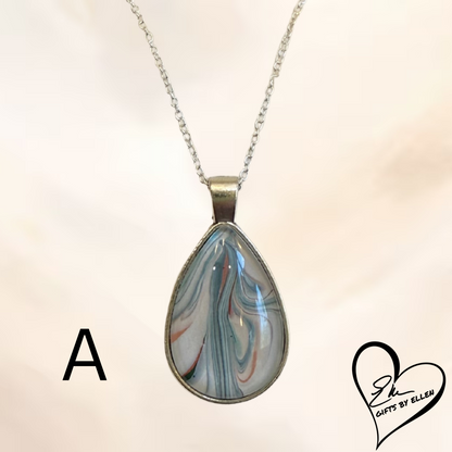 Fluid Art Necklace, Teardrop Pendant, Glass Cabochon, Ice Collection