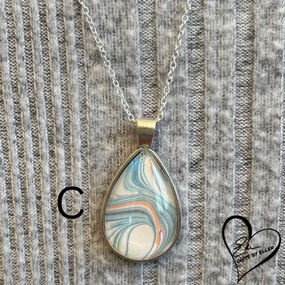 Fluid Art Necklace, Teardrop Pendant, Glass Cabochon, Ice Collection