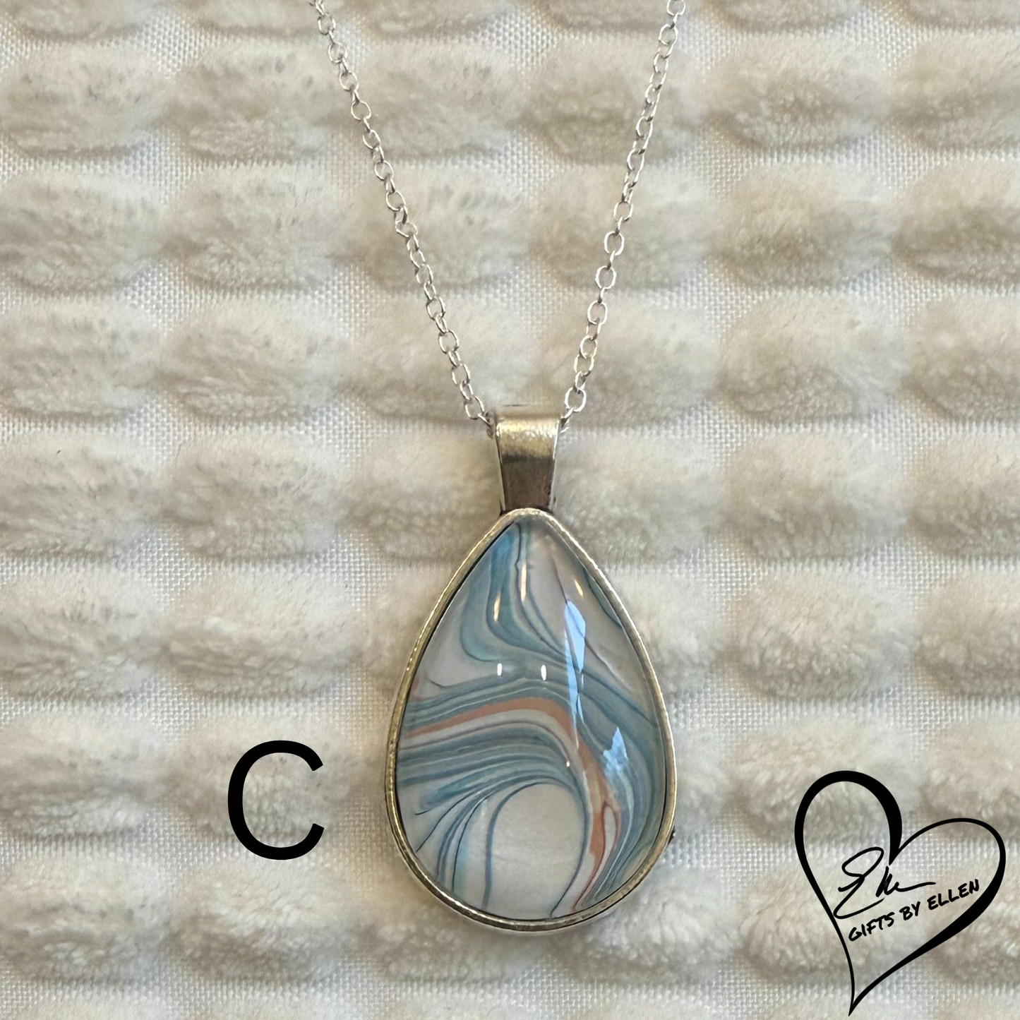 Fluid Art Necklace, Teardrop Pendant, Glass Cabochon, Ice Collection