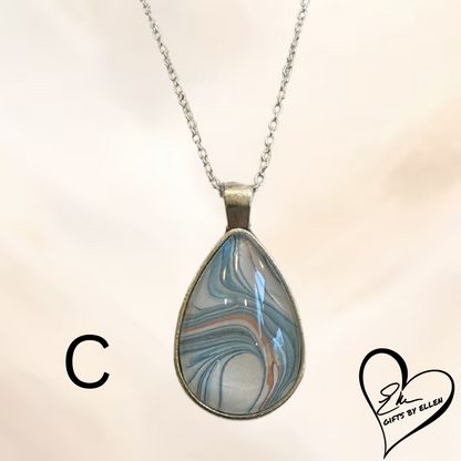 Fluid Art Necklace, Teardrop Pendant, Glass Cabochon, Ice Collection