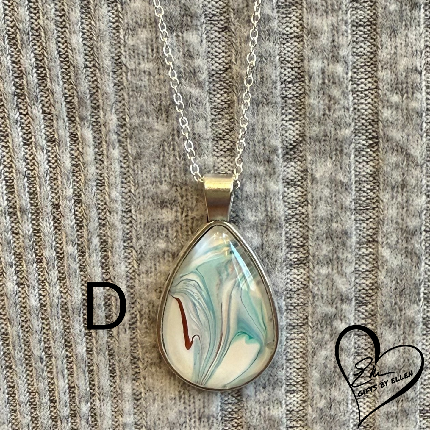 Fluid Art Necklace, Teardrop Pendant, Glass Cabochon, Ice Collection