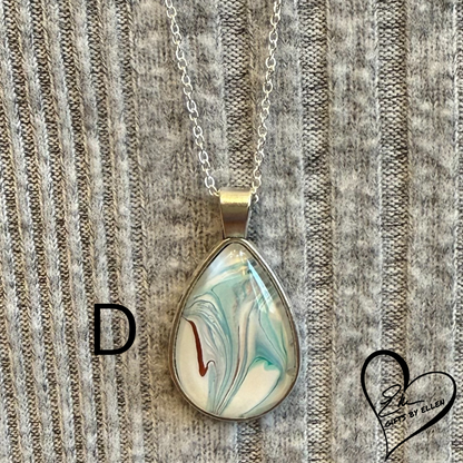 Fluid Art Necklace, Teardrop Pendant, Glass Cabochon, Ice Collection