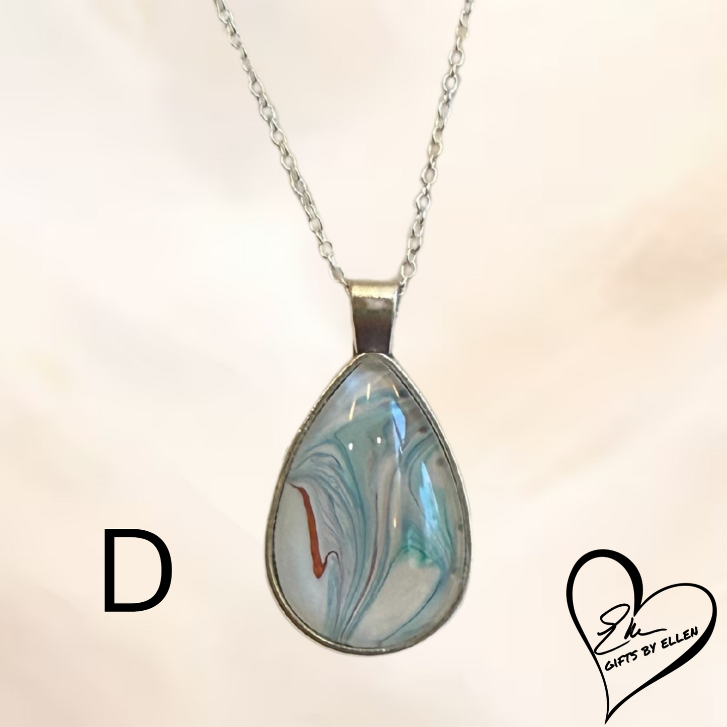 Fluid Art Necklace, Teardrop Pendant, Glass Cabochon, Ice Collection