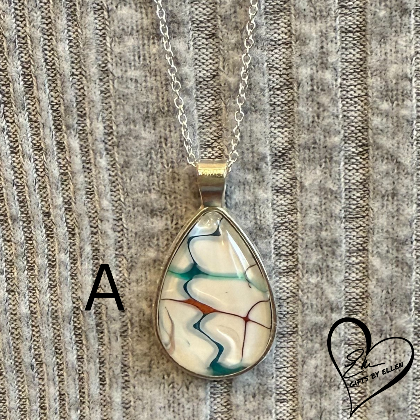 Fluid Art Necklace, Teardrop Pendant, Glass Cabochon, Ice Collection