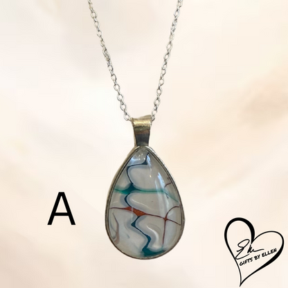 Fluid Art Necklace, Teardrop Pendant, Glass Cabochon, Ice Collection