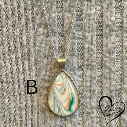 Fluid Art Necklace, Teardrop Pendant, Glass Cabochon, Ice Collection