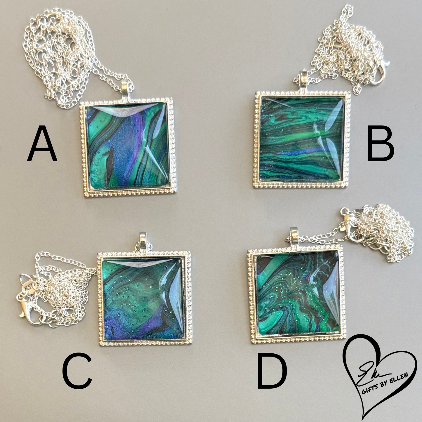 Fluid Art Necklace, Square Pendant, Glass Cabochon, Peacock Collection