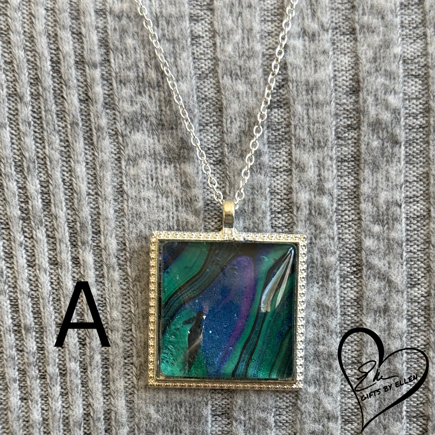 Fluid Art Necklace, Square Pendant, Glass Cabochon, Peacock Collection