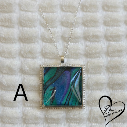 Fluid Art Necklace, Square Pendant, Glass Cabochon, Peacock Collection