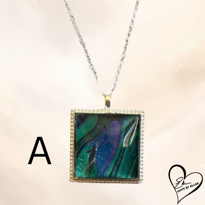 Fluid Art Necklace, Square Pendant, Glass Cabochon, Peacock Collection