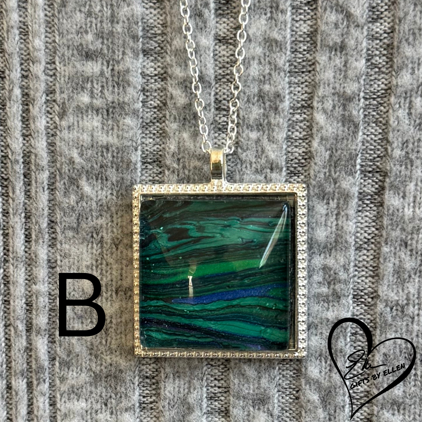 Fluid Art Necklace, Square Pendant, Glass Cabochon, Peacock Collection