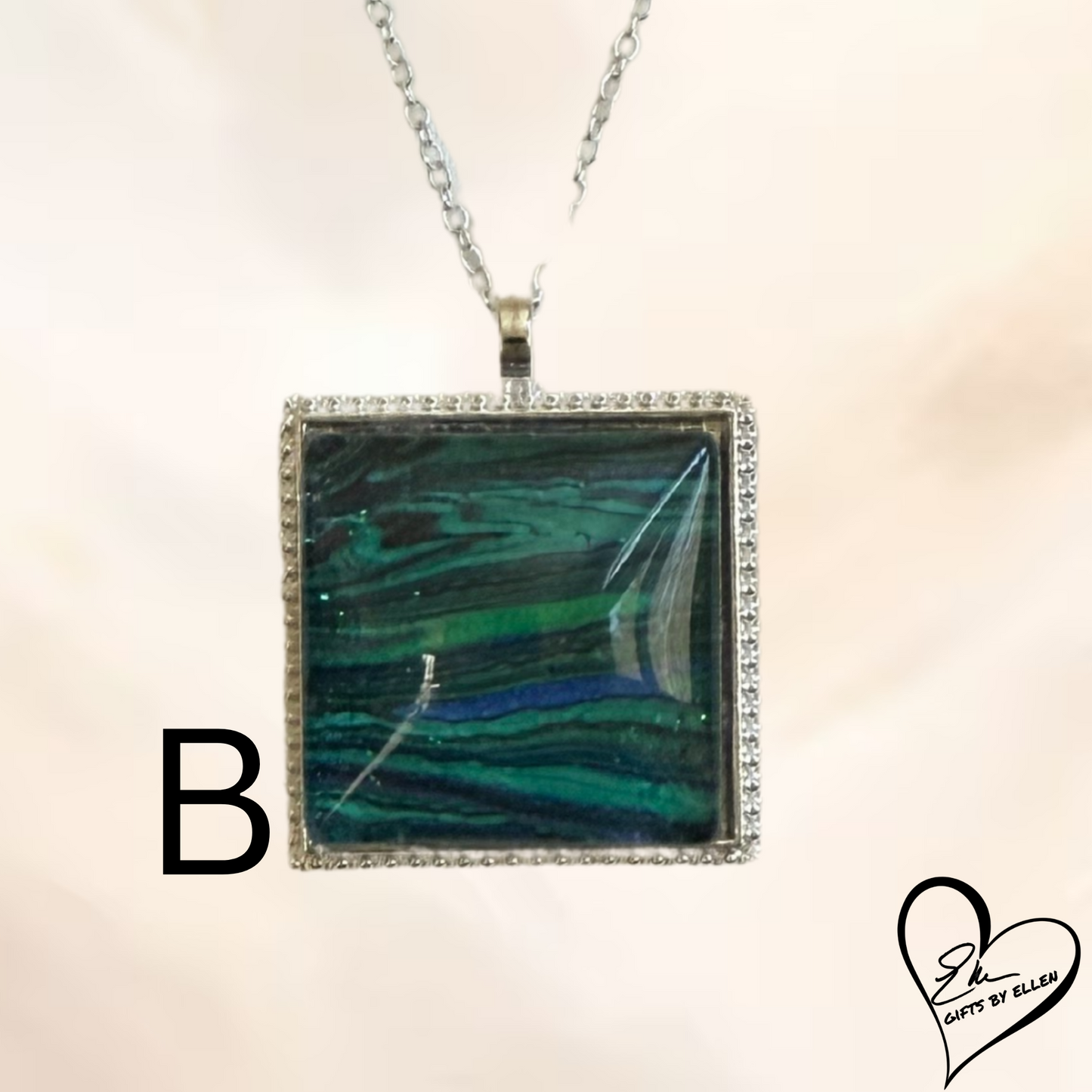 Fluid Art Necklace, Square Pendant, Glass Cabochon, Peacock Collection